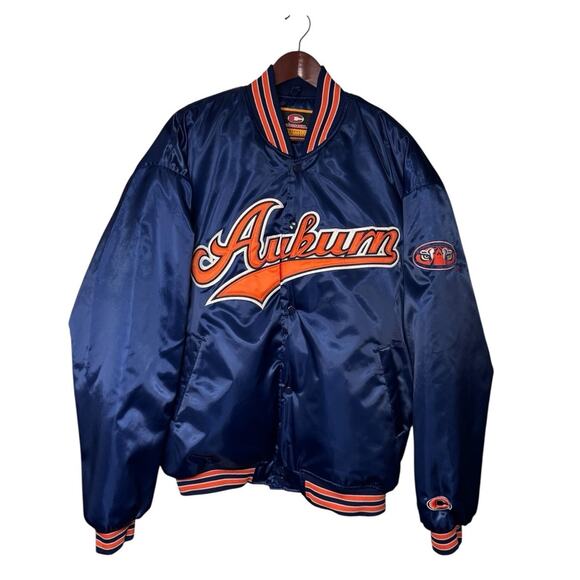 Vintage Auburn University Tigers Satin Colosseum 2XL Jacket Blue Bomber - Picture 1 of 16